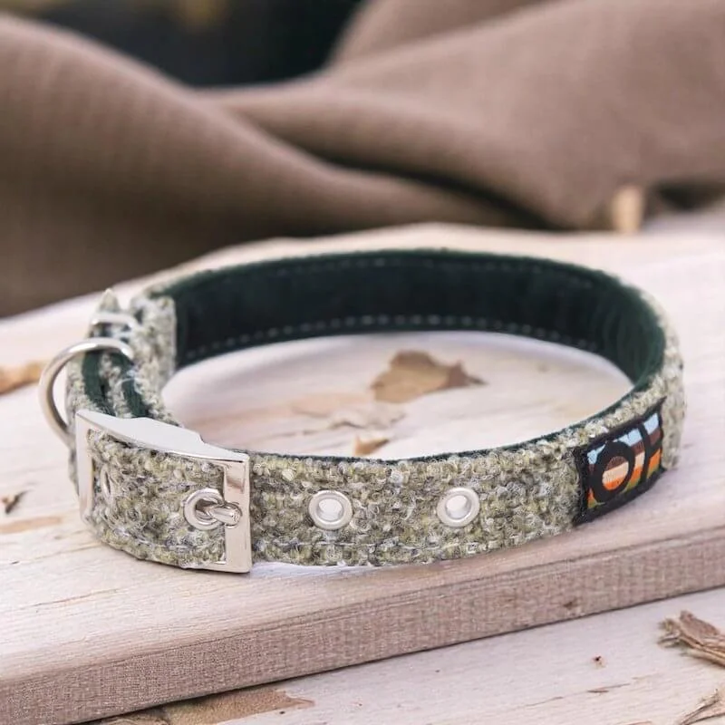 Oscar and Hooch green Tweed dog collar on wooden table